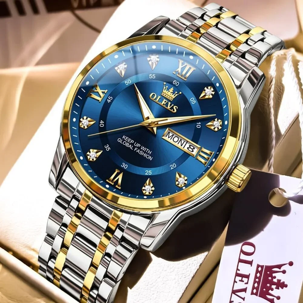 Olevs Men's Gold and Blue Stainless Steel Man Watch Luminous Stylish Watch